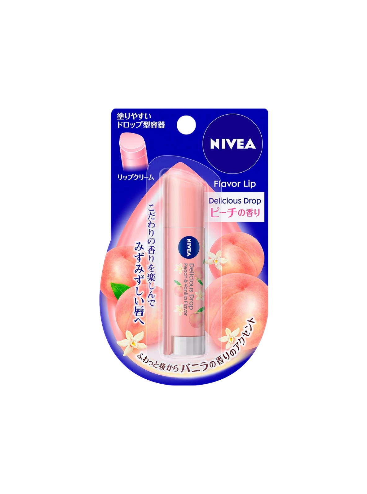 Nivea Japan Delicious Drop lip balm, peach and vanilla